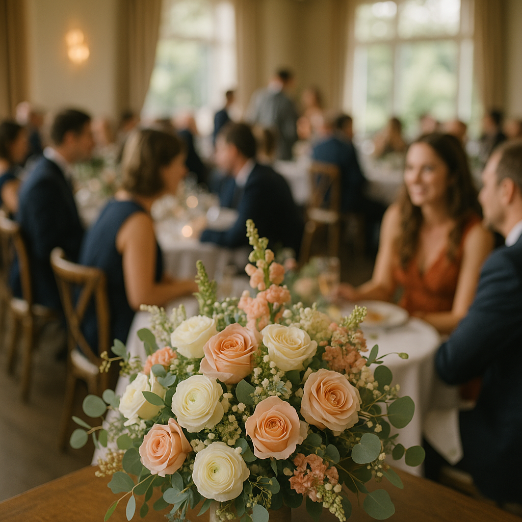 Supporting image 1 for the article titled "What Happens to the Flowers on Monday Morning": A beautifully arranged wedding bouquet with natural light, set against a wedding venue background showing guests enjoying the flowers. Use this separate visual direction: wide establishing composition with layered foreground and background activity. Make the subject, venue, camera angle and color palette specific to this article and visibly different from the thumbnail and other supporting images. Creative identity 72ebd48097cd-1 must not appear as text. Hyperrealistic professional event photography, natural lighting, realistic people and environments, premium editorial photo quality, true-to-life colors, no illustration, no cartoon, no anime, no 3D render, no text overlay, no logos, no watermark.