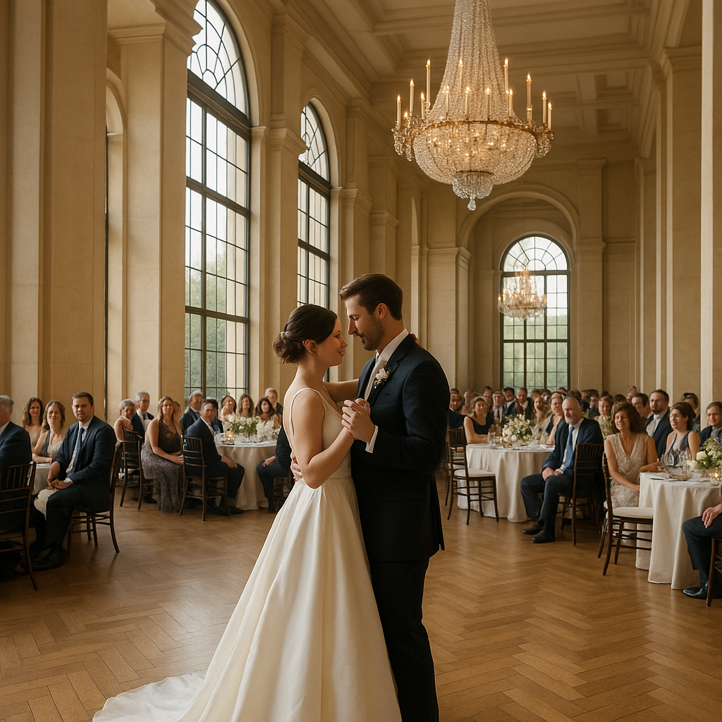 Supporting image 1 for the article titled "The Song You Danced To Might Not Survive Your Wedding Film": A hyperrealistic wedding scene showing a couple dancing during their first dance, capturing the emotions and ambiance of the moment, with natural lighting and true-to-life colors. Use this separate visual direction: architectural composition emphasizing venue scale, lighting and spatial design. Make the subject, venue, camera angle and color palette specific to this article and visibly different from the thumbnail and other supporting images. Creative identity a77a100dfe3f-1 must not appear as text. Hyperrealistic professional event photography, natural lighting, realistic people and environments, premium editorial photo quality, true-to-life colors, no illustration, no cartoon, no anime, no 3D render, no text overlay, no logos, no watermark.