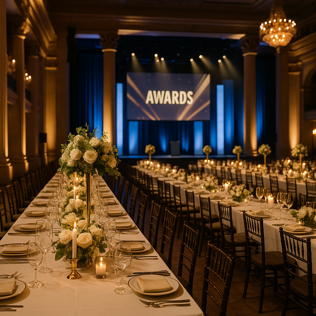 Supporting image 1 for the article titled "Stop Throwing a Holiday Party. Throw an Awards Night.": A beautifully set banquet table adorned with elegant centerpieces, showcasing an awards ceremony ambiance in a well-decorated hall with soft lighting. Use this separate visual direction: architectural composition emphasizing venue scale, lighting and spatial design. Make the subject, venue, camera angle and color palette specific to this article and visibly different from the thumbnail and other supporting images. Creative identity 2568f9e7e732-1 must not appear as text. Hyperrealistic professional event photography, natural lighting, realistic people and environments, premium editorial photo quality, true-to-life colors, no illustration, no cartoon, no anime, no 3D render, no text overlay, no logos, no watermark.