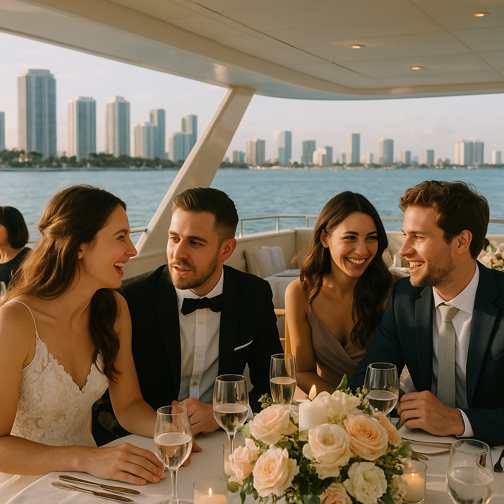 Supporting image 1 for the article titled "Booking a Boat as Your Venue: What the Certificate Actually Lets You Do": Hyperrealistic professional event photography capturing a wedding reception setup on a yacht, featuring elegantly decorated tables with floral arrangements and soft lighting, realistic people enjoying the atmosphere, natural sunlight reflecting off the water, with the skyline of South Florida in the background. Use this separate visual direction: intimate documentary composition focused on candid human interaction. Make the subject, venue, camera angle and color palette specific to this article and visibly different from the thumbnail and other supporting images. Creative identity ca99d4187bd5-1 must not appear as text. Hyperrealistic professional event photography, natural lighting, realistic people and environments, premium editorial photo quality, true-to-life colors, no illustration, no cartoon, no anime, no 3D render, no text overlay, no logos, no watermark.