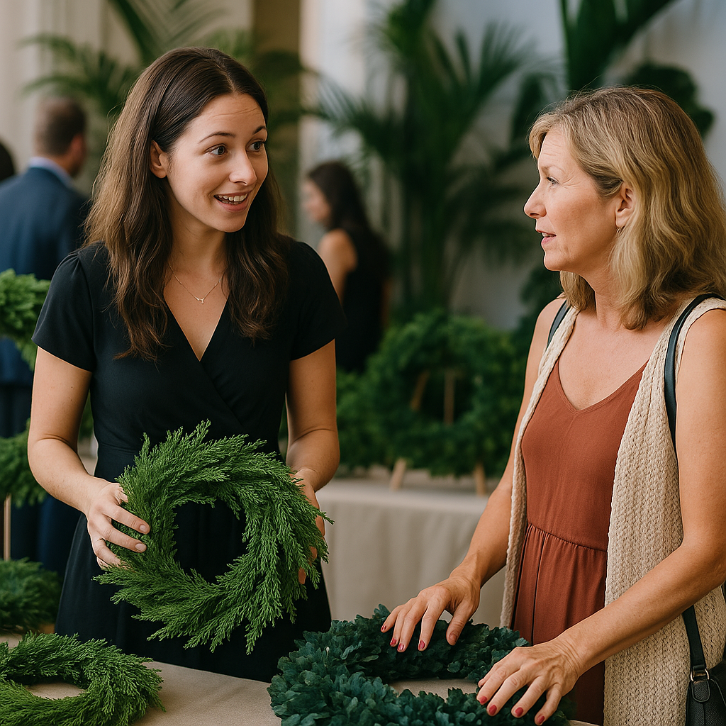 Supporting event photograph for the article titled "Cedar Doesn't Love Florida: Holiday Greenery vs. Tropical and Preserved", intimate documentary composition focused on candid human interaction, creative identity d9e9b63ccd25-1 must not appear as text, realistic VNV Events service context, hyperrealistic professional photography, no text overlay. Hyperrealistic professional event photography, natural lighting, realistic people and environments, premium editorial photo quality, true-to-life colors, no illustration, no cartoon, no anime, no 3D render, no text overlay, no logos, no watermark.