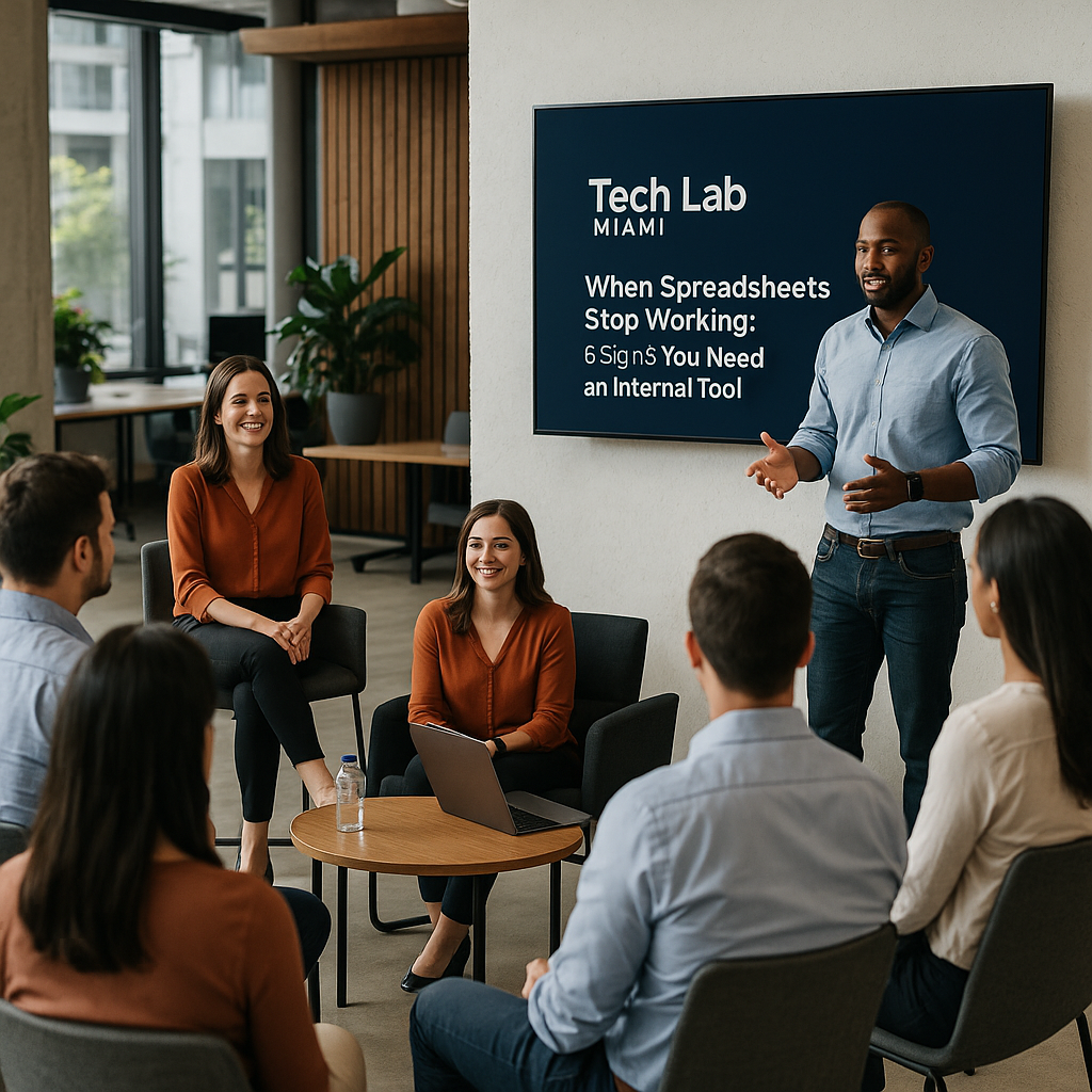 Editorial photograph accompanying a Tech Lab Miami article on recognizing when a growing business has outgrown spreadsheets and needs a purpose-built internal tool.