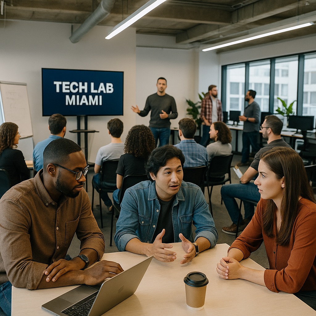 Attendees at a South Florida tech meetup talking in small standing groups after a presentation, with a speaker area, open laptops, and a refreshment table visible in the background of a modern event space.
