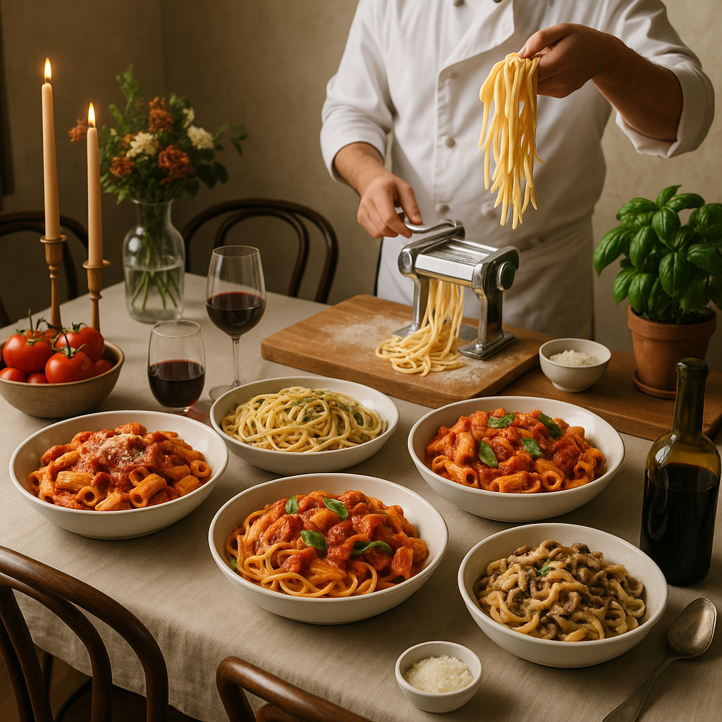 Bowls of fresh pasta on a long dining table set for a group.