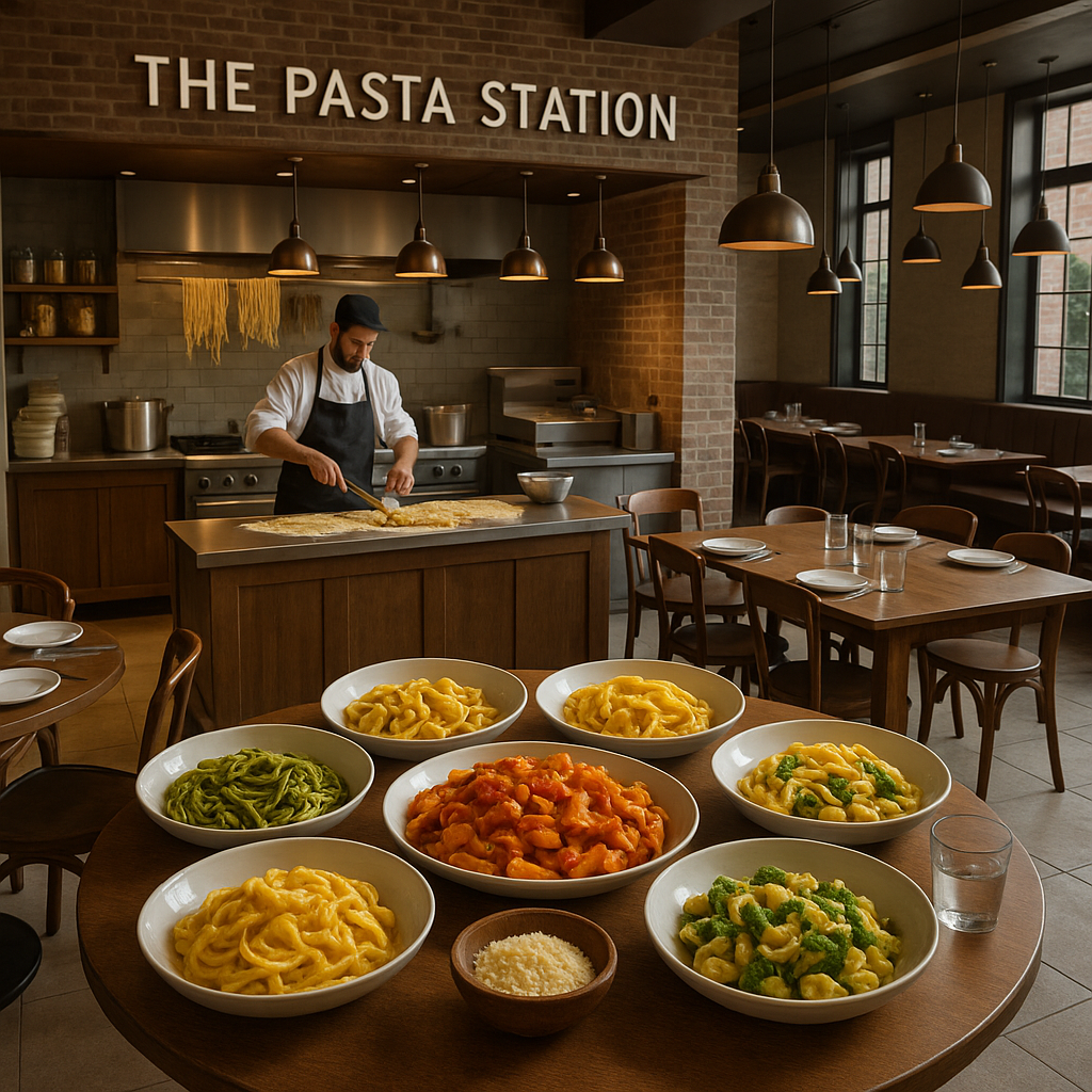 A live pasta station set up in a wide, softly lit dining room.