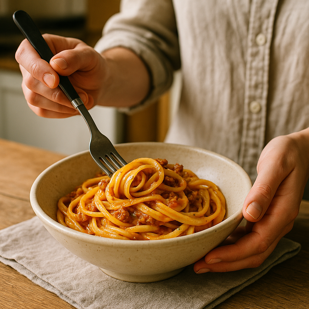 Cooked pasta portioned for storage before reheating