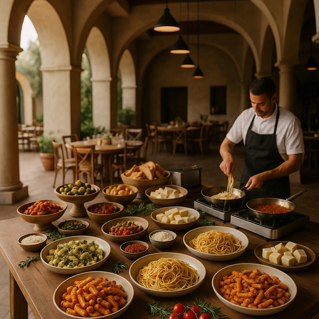 A long grazing table of pasta dishes, vegetables and small plates in a softly lit event space.