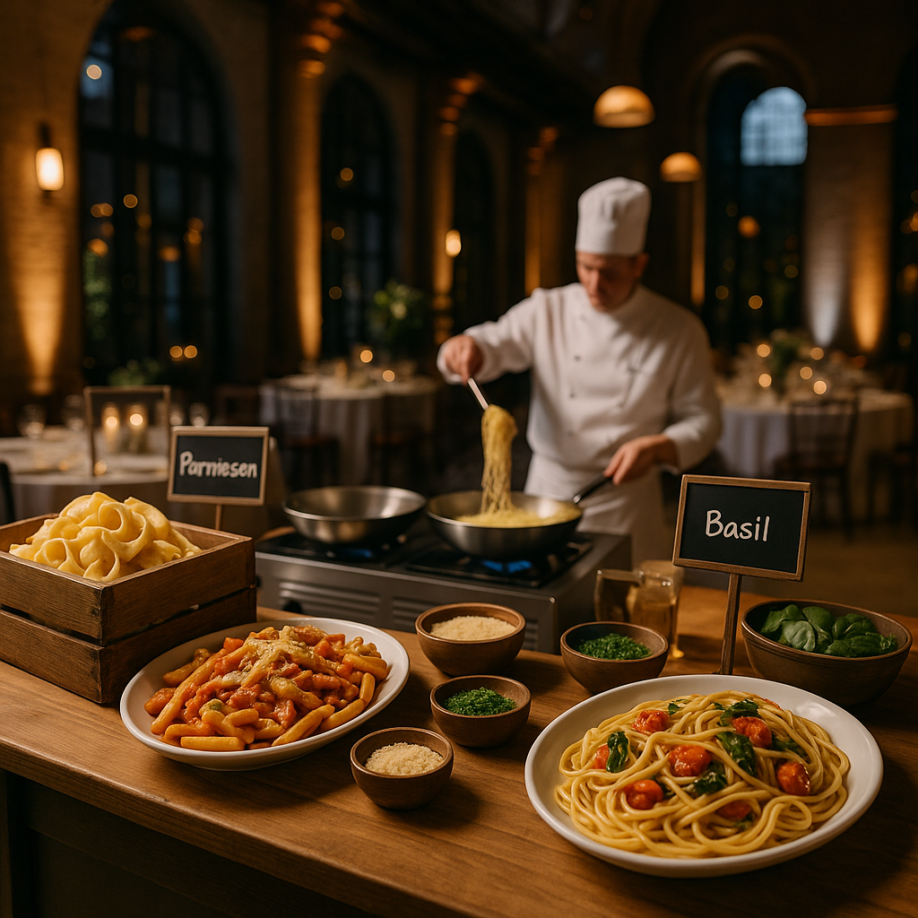Event venue set for dinner with a live cooking station positioned along one side of the room