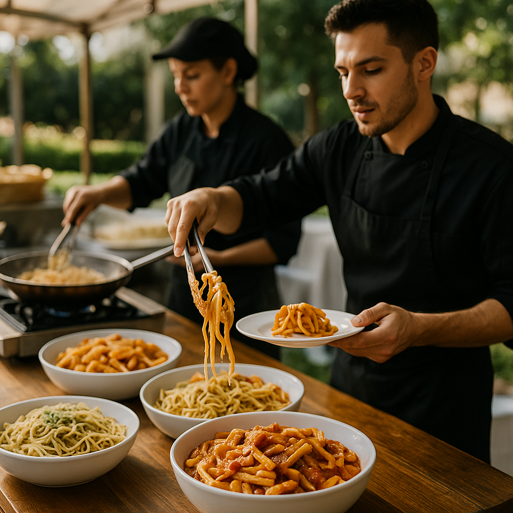 A cook finishing a pasta dish at a live station during event service.