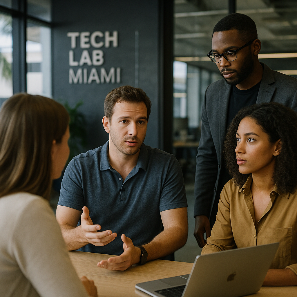 Two founders reviewing an AI vendor agreement together on a laptop in a bright Miami workspace, discussing data rights and retention terms before signing.