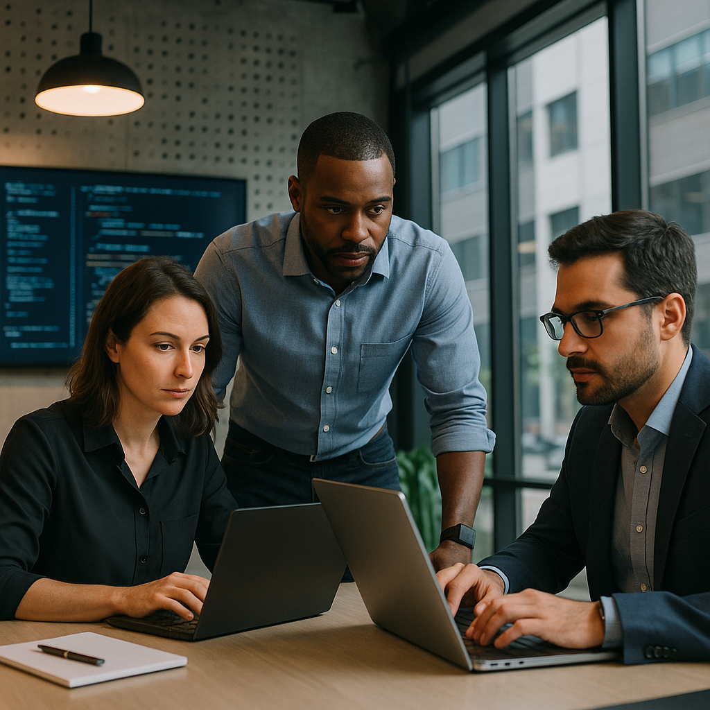 Two colleagues reviewing work on a laptop in a modern office, illustrating how teams adopt AI tools day to day before formal governance catches up.