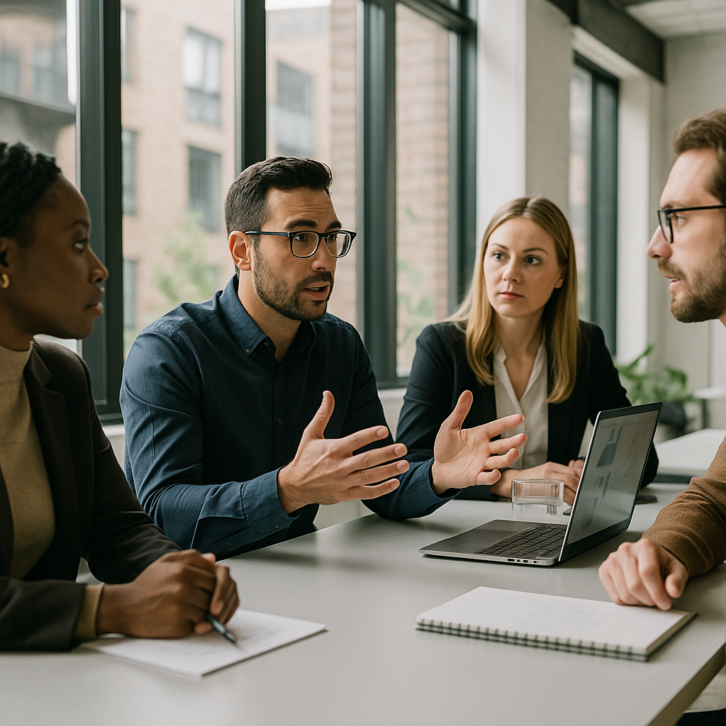 Founders and a technical adviser reviewing a project plan around a conference table in a bright modern office, photographed from a side angle in natural light.