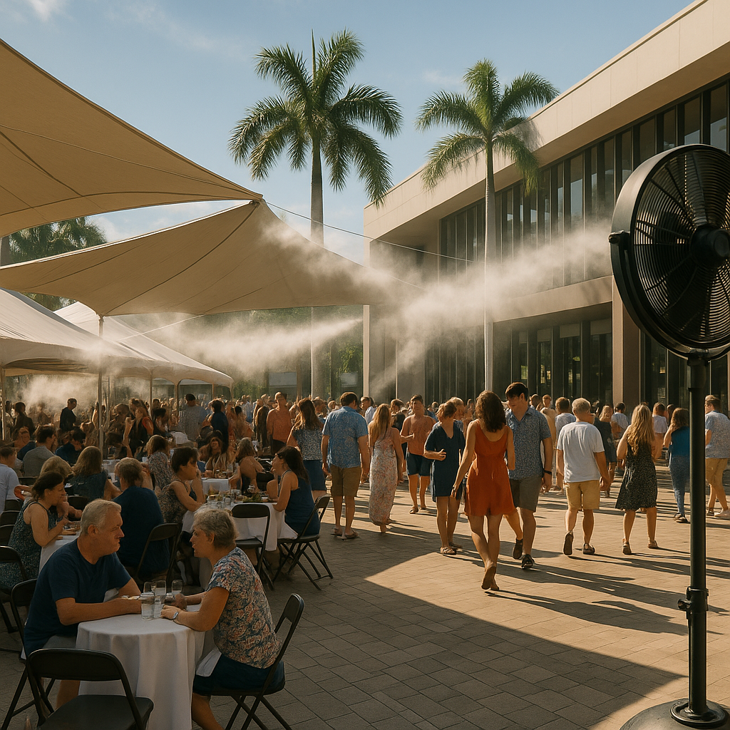 Guests gathered under a white event tent at a South Florida outdoor event, with open sidewalls for cross ventilation and shaded seating areas nearby.