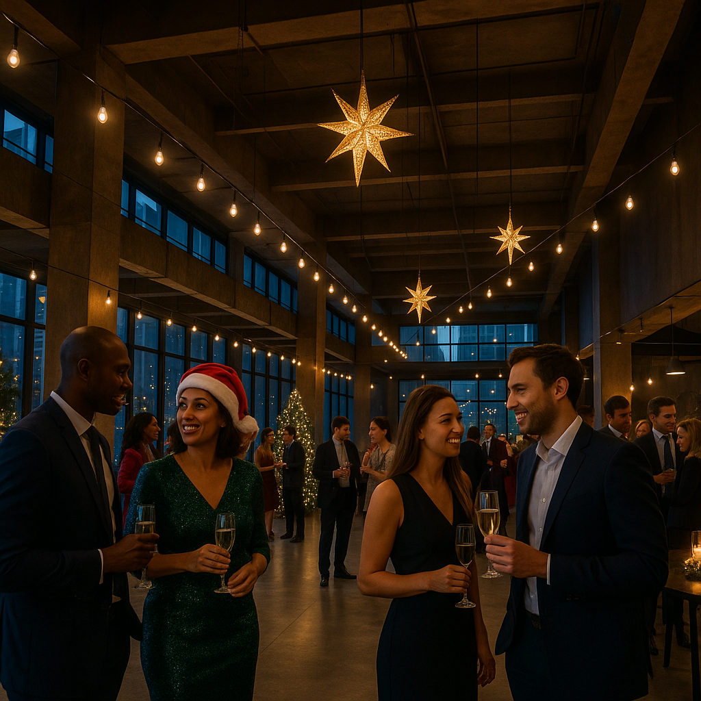 A corporate holiday party in a South Florida event space, with guests in festive attire gathered under warm architectural lighting that highlights the room's scale and layout.