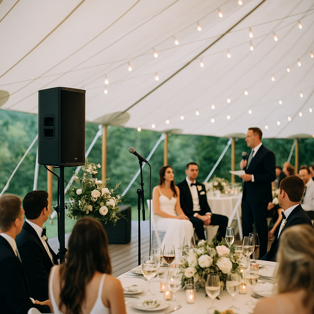 Guests seated at an outdoor wedding ceremony with discreet speakers positioned along the sides of the seating area