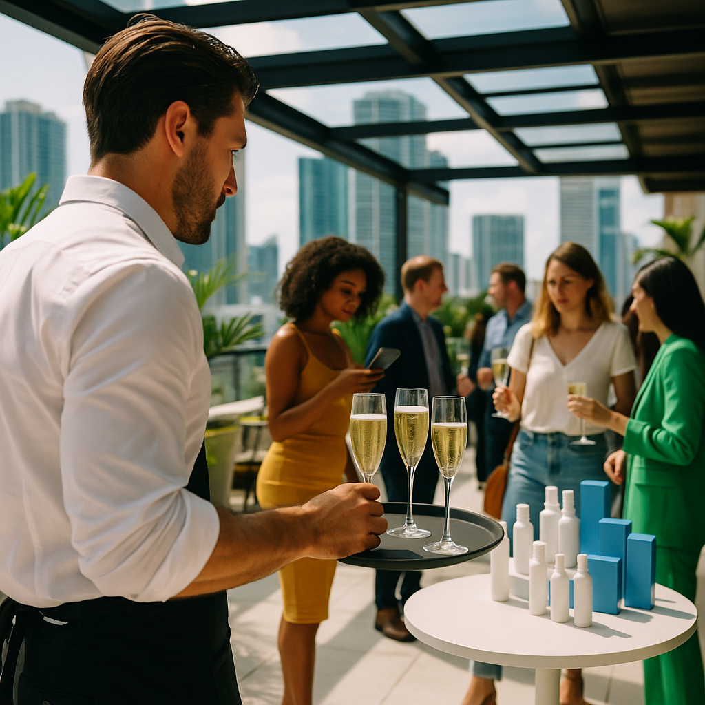 Guests moving through a brand display at a rooftop event in Miami, lit with warm, even light and an uncluttered background.