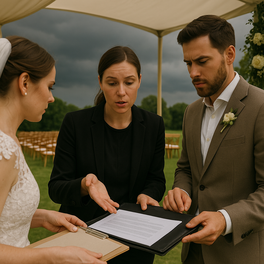 Wedding planner reviewing a weather plan with a couple under an event tent as dark storm clouds gather over an outdoor ceremony site