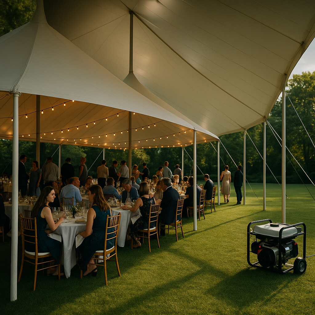 Outdoor tented event with guests under the tent and a generator positioned well away from the guest area