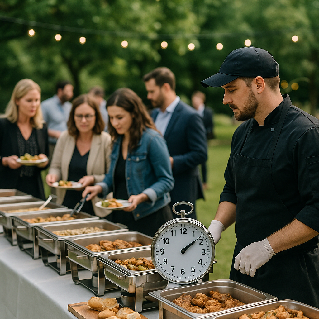 Supporting event photograph for the article titled "The 4-Hour Clock on Your Buffet: How Time-as-Control Rules Shape Outdoor Food Stations", wide establishing composition with layered foreground and background activity, creative identity 063e50e4838c-1 must not appear as text, realistic VNV Events service context, hyperrealistic professional photography, no text overlay. Hyperrealistic professional event photography, natural lighting, realistic people and environments, premium editorial photo quality, true-to-life colors, no illustration, no cartoon, no anime, no 3D render, no text overlay, no logos, no watermark.