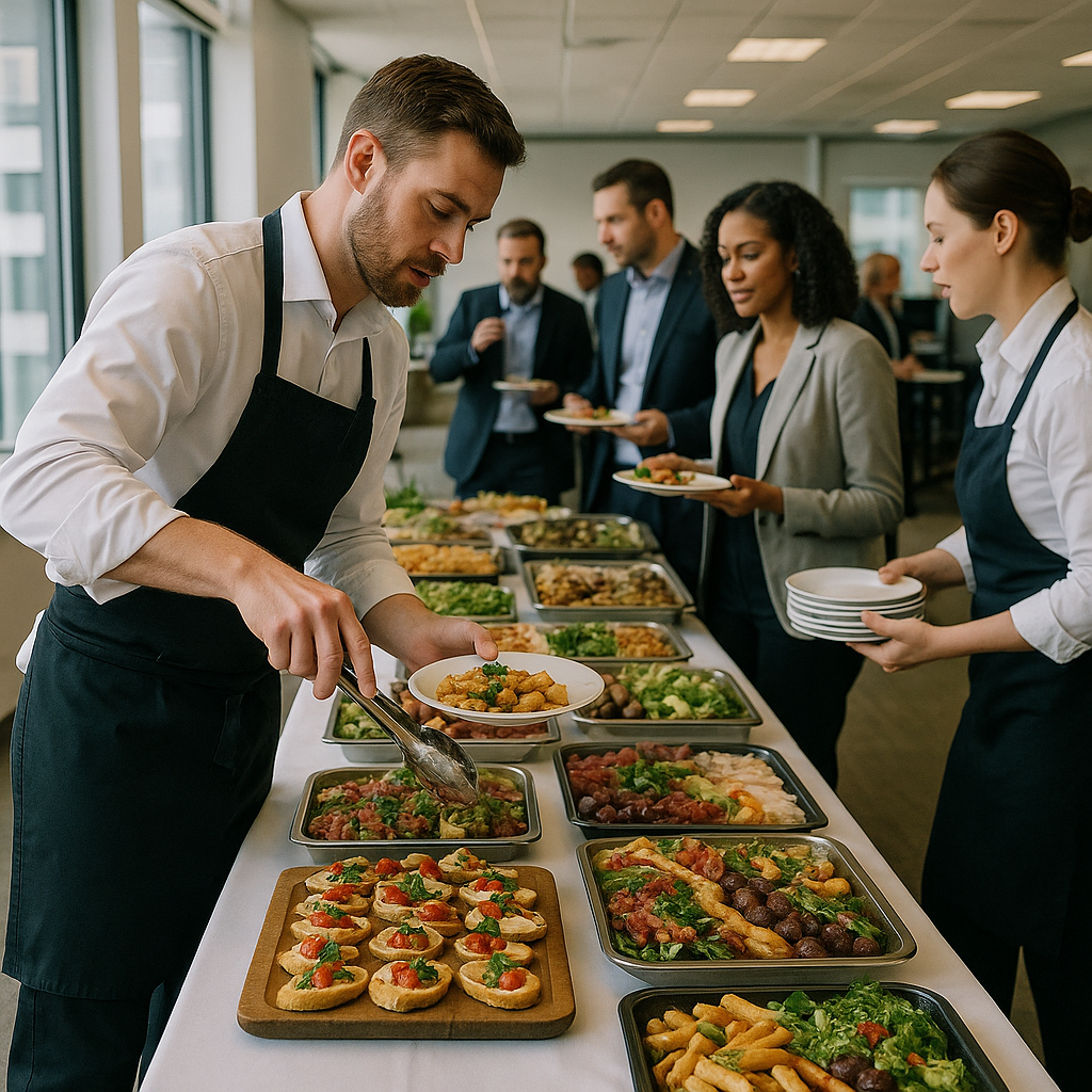 Catering staff serving guests at a buffet during an office event