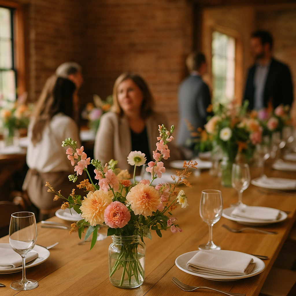 Event tables set with foam-free centerpieces of fresh flowers arranged in reusable glass vases under warm natural light.