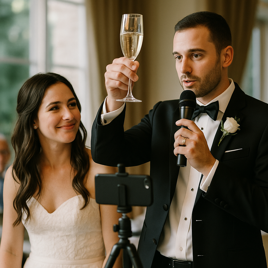 Guests sharing a candid moment at a South Florida wedding reception while the event is captured for remote viewers