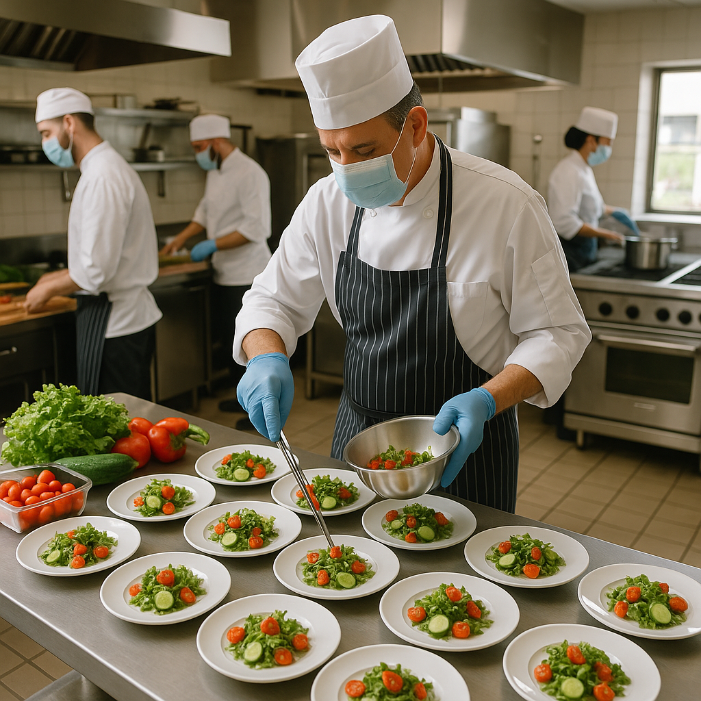Uniformed chefs preparing food in a clean commercial kitchen, the kind of licensed facility Florida requires for catering