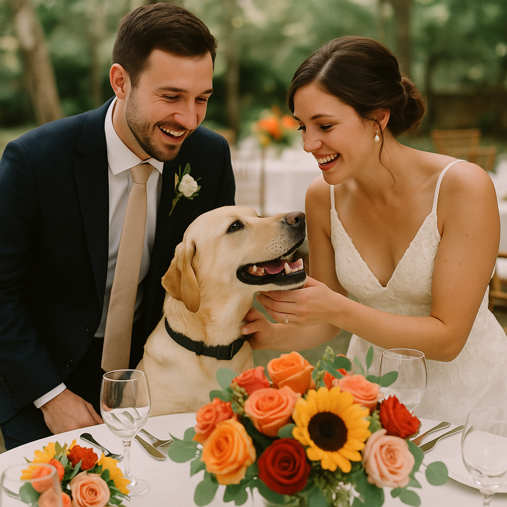 A couple celebrating with their dog beside reception tables decorated with rose and sunflower centerpieces