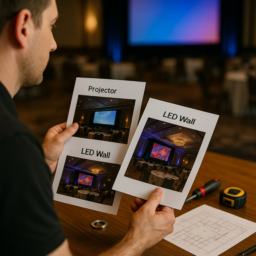 Close-up of hands working with event production materials during setup
