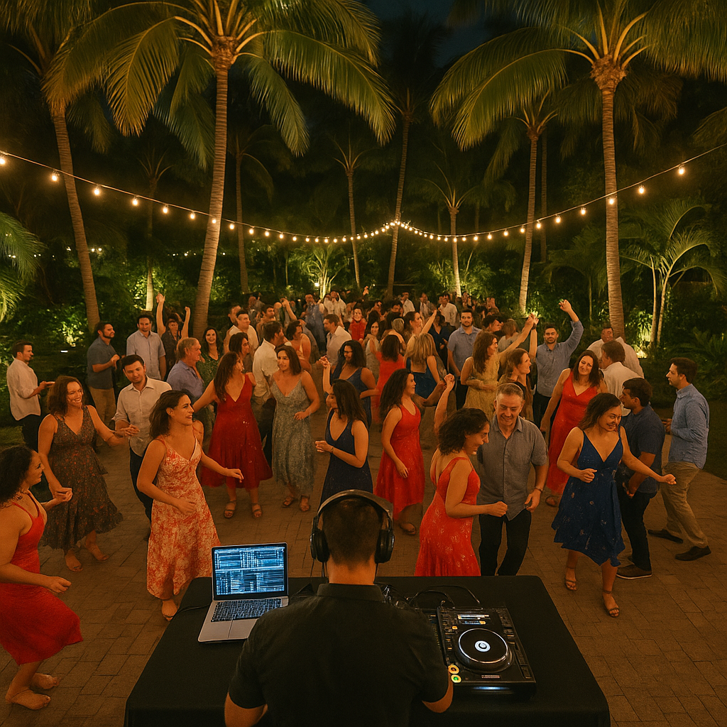 Guests dancing at an evening outdoor party in South Florida, with palm trees, ambient lighting and a DJ setup