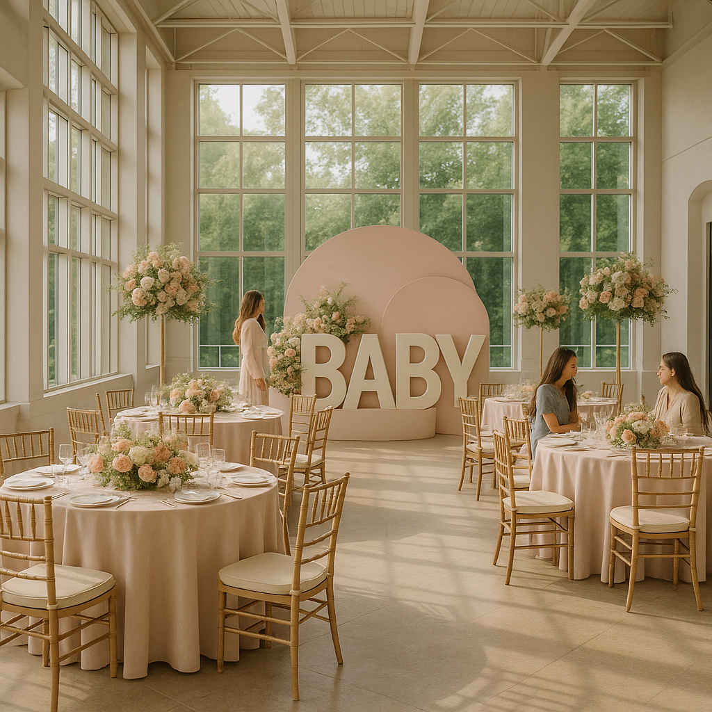 Baby shower venue decorated in pastel tones with floral arrangements and natural light