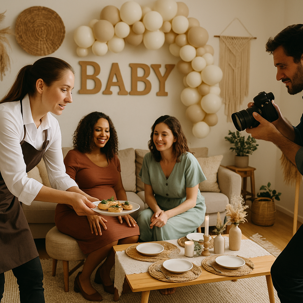 Guests enjoying a baby shower with boho decor and a cozy atmosphere