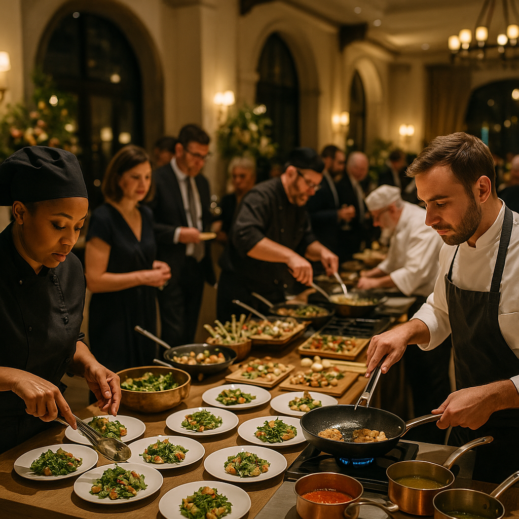 Chefs preparing dishes at a live food station during an elegant event