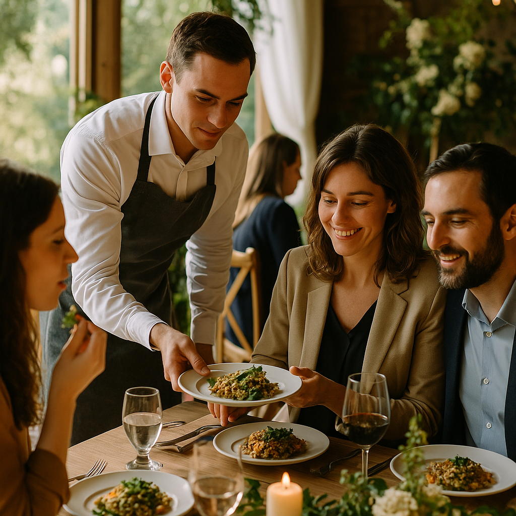 Guests chatting and enjoying food at a decorated event in natural light
