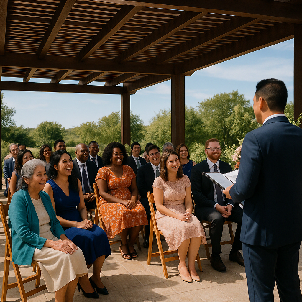 Guests listening to an officiant during an outdoor ceremony under a pergola