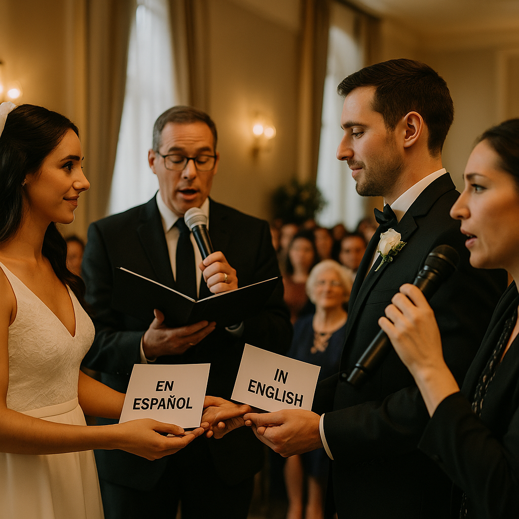 Bride and groom facing their families during a ceremony in a warmly lit hall