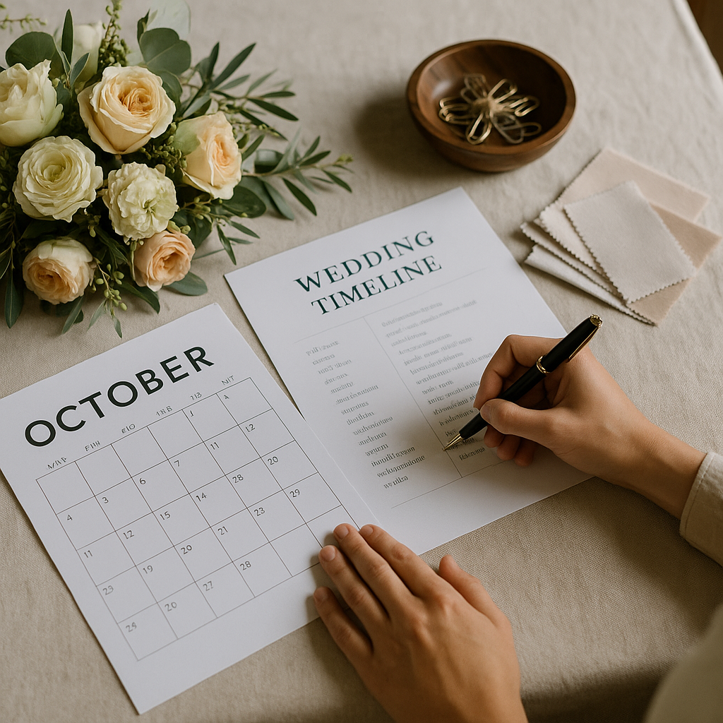 Hands writing on a wedding timeline beside an October calendar and flowers