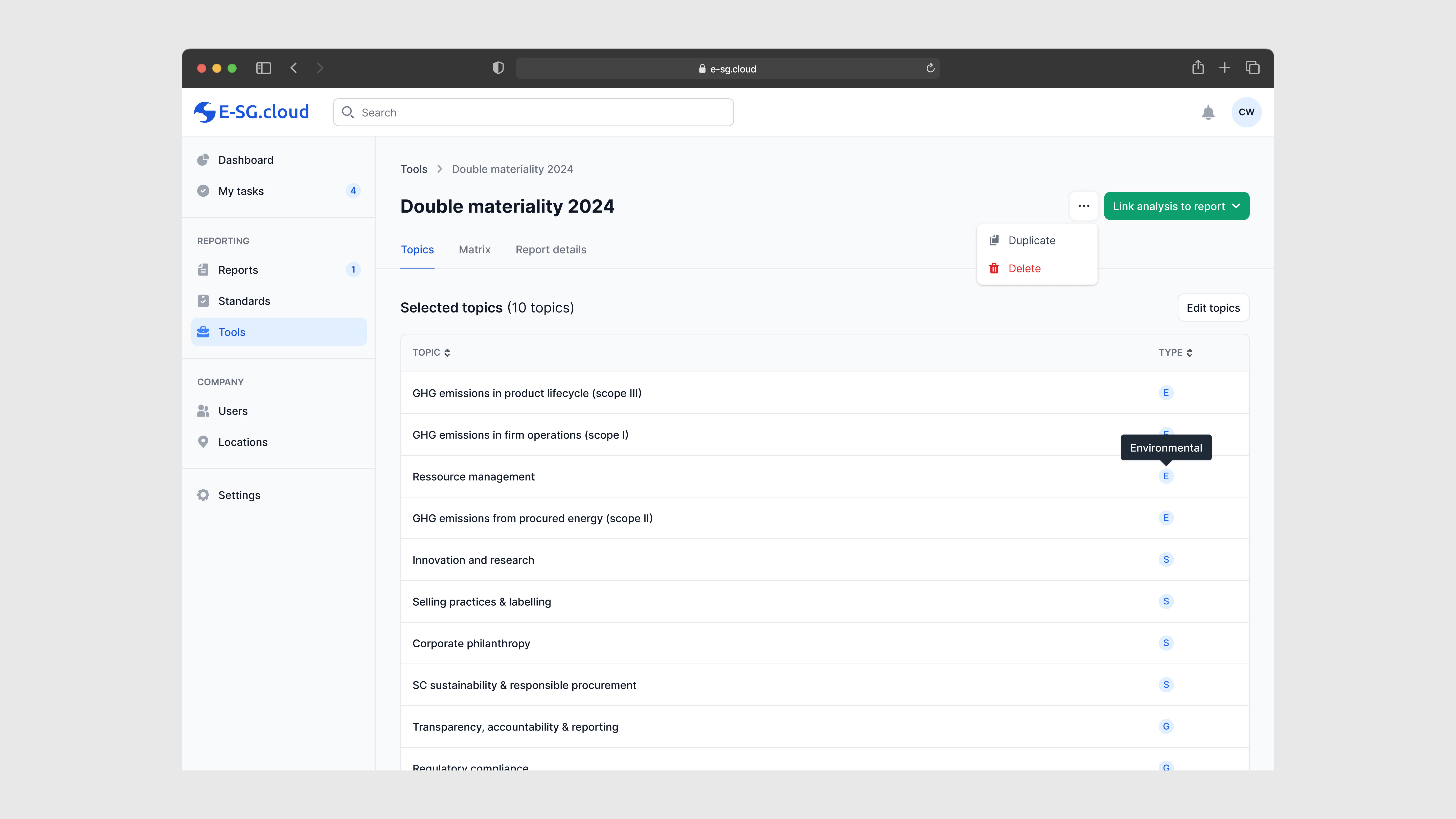 E-SG Cloud SaaS user interface.