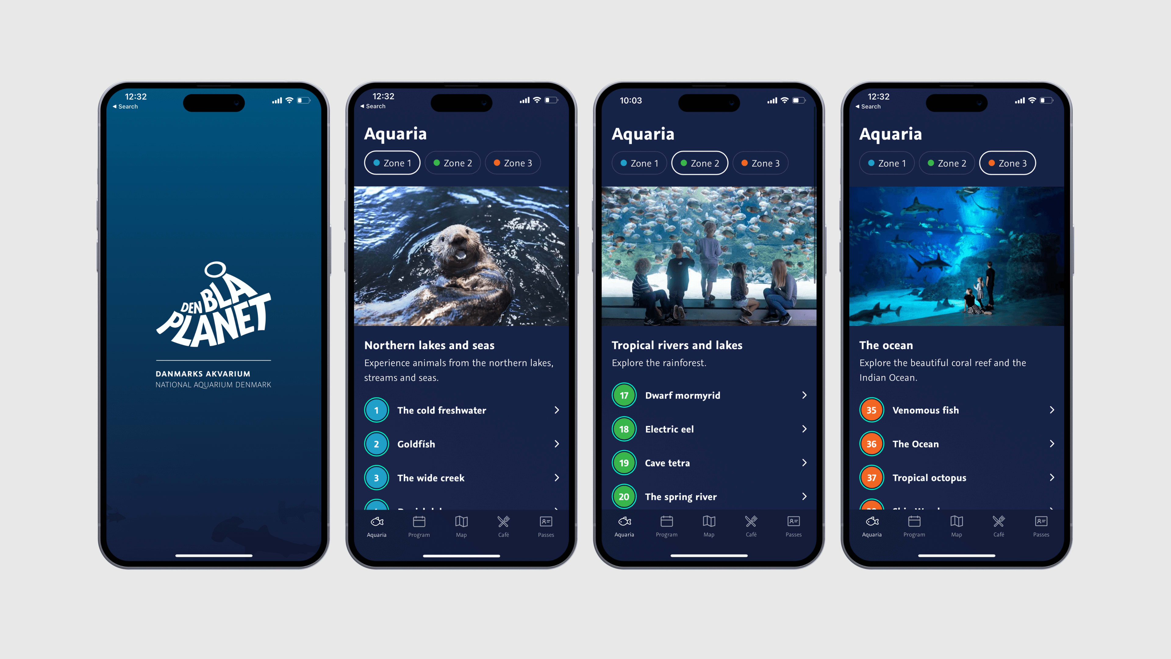 Multiple screens of National Aquarium Denmark's new mobile app.