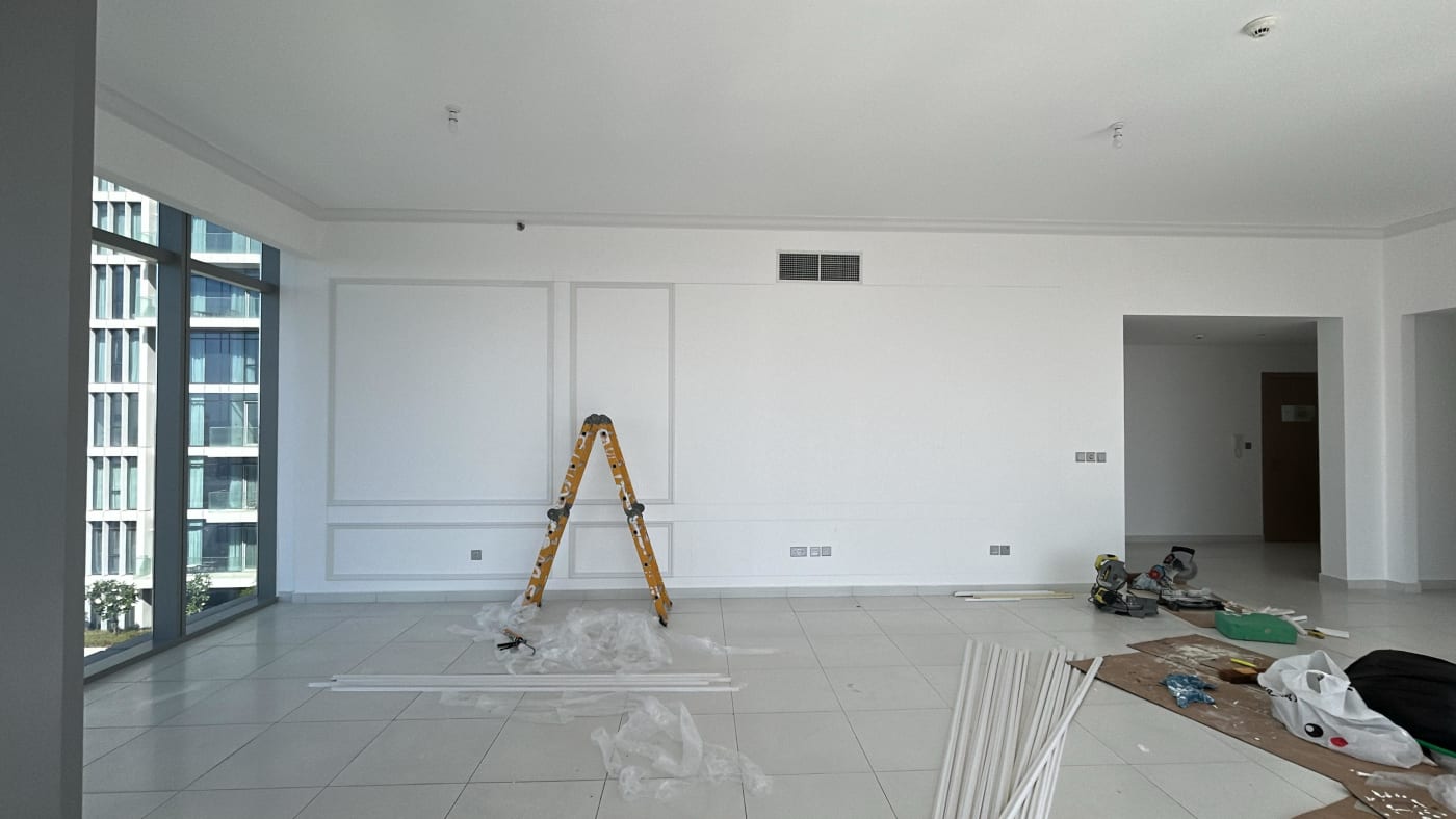 Before, Living room feature wall, PU foam wall moulding before and after, Dubai