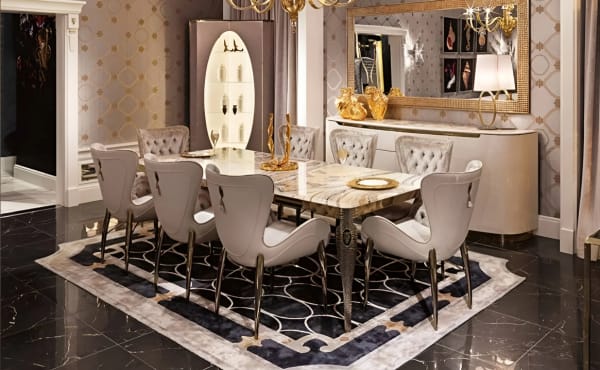 Conjunto de mesa de comedor ultramoderno con superficie de mármol y 8 sillas