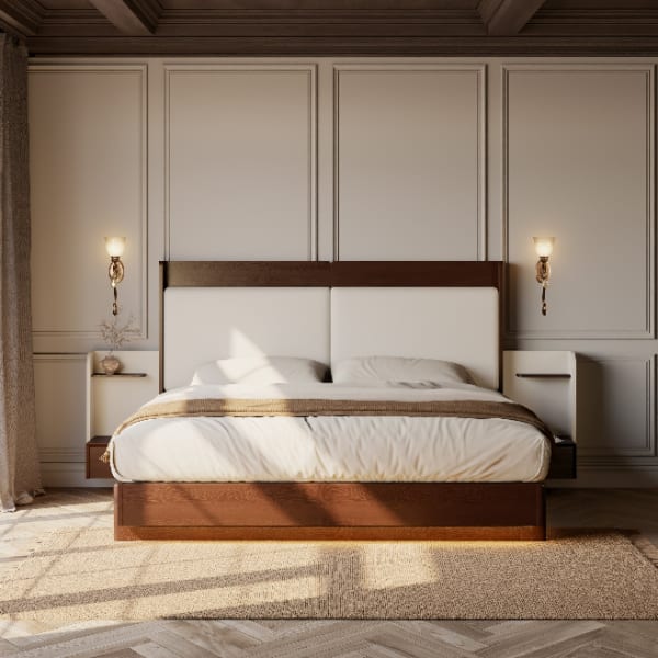Cama de madera maciza con cabecero extendido de cuero