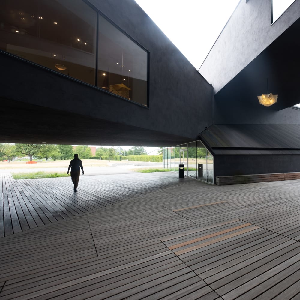 A photo taken from the courtyard of the Vitra Design Museum showroom.