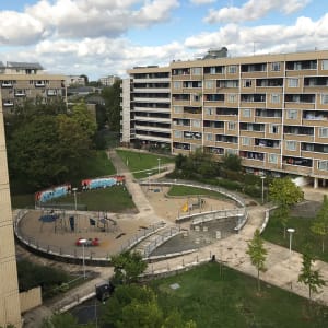 Looking down on the central courtyard of Priory Green estate.