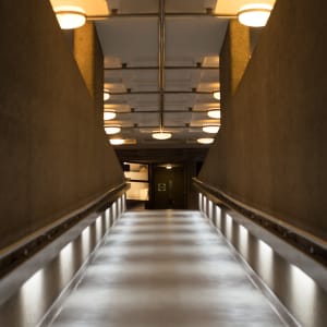 Looking along a walkway in the Barbican.