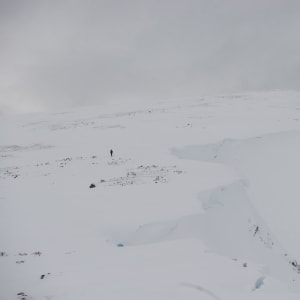 Ed in far distance is a dark spec on an otherwise white mountain.