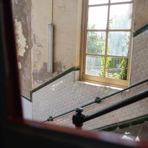 Looking out the window to the stairwell of the Monte Igueldo funicular station.