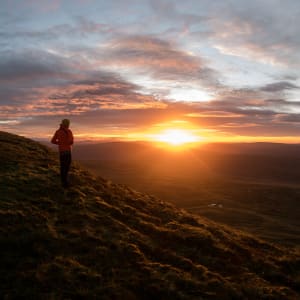 Ed stands alone at sunrise looking out over the golden hills.