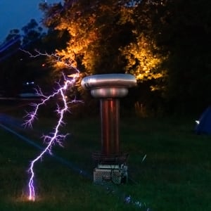 A life sized Van de Graff generator makes a very large spark.