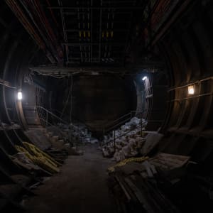 Looking straight on inside wide tunnel with metal walls and debris on the floor